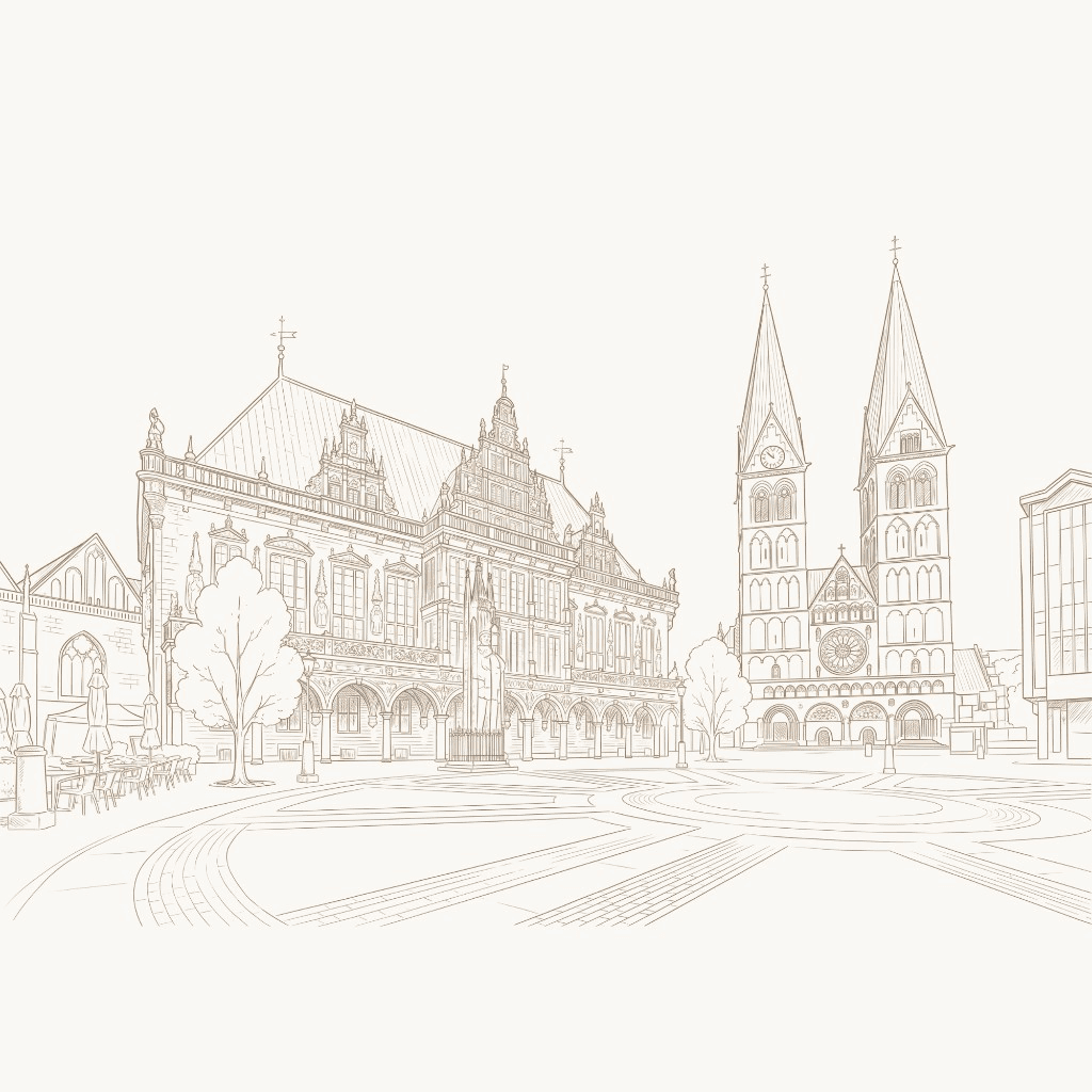 Skizze des Bremer Marktplatzes mit Rathaus und Dom