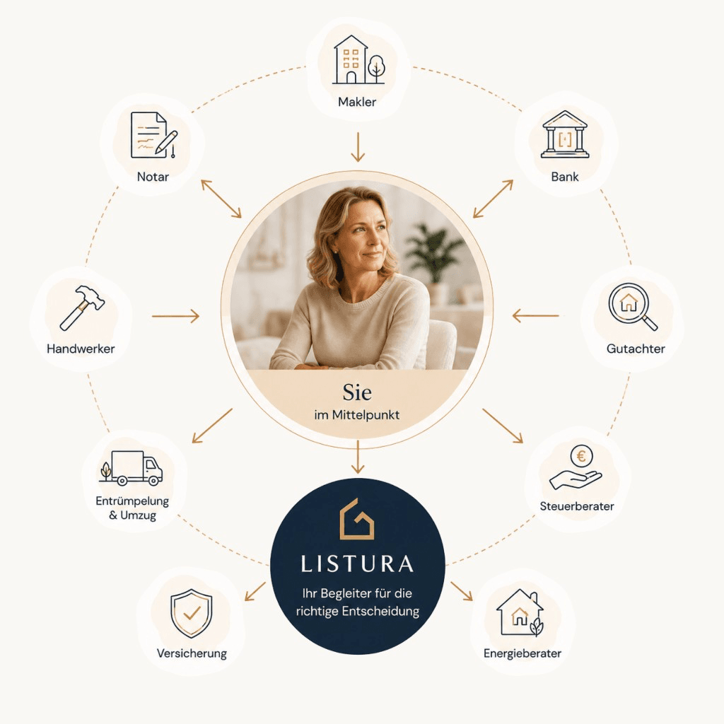 Netzwerkdiagramm: Sie im Mittelpunkt mit Listura und Partnern wie Makler, Bank, Gutachter und Notar